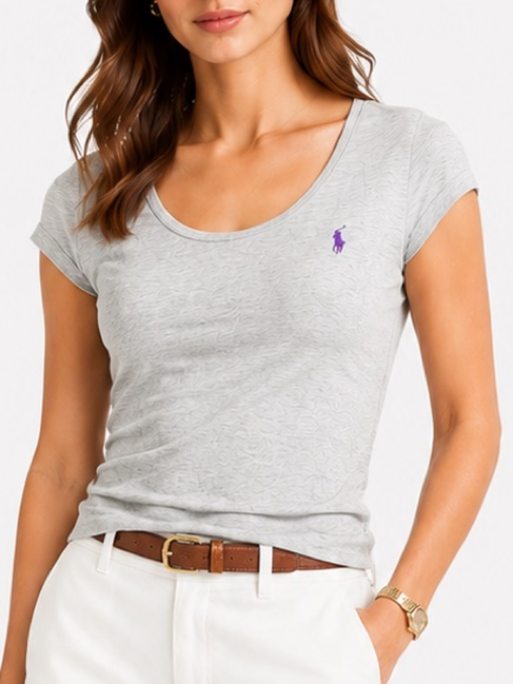 Ralph Lauren Sport Tee Women’s Gray Tan Scoop Neck Purple Polo Pony Medium